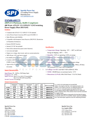 FSP400-60ETN datasheet - 400 Watts ATX12V V2.3 EPS12V V2.92 Swithching Power Supply