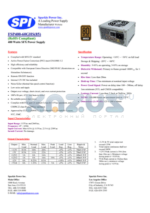 FSP400-60GHS85 datasheet - 400 Watts SFX Power Supply