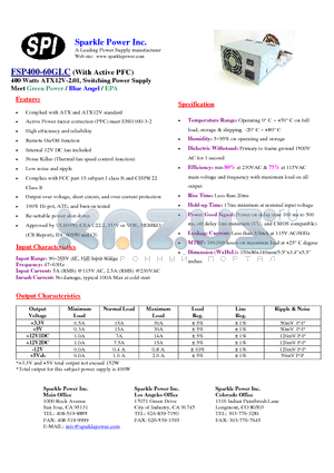 FSP400-60GLC datasheet - 400 Watts ATX12V-2.01, Switching Power Supply