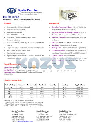 FSP400-60THA datasheet - 400 Watts ATX12V 2.0 Switching Power Supply