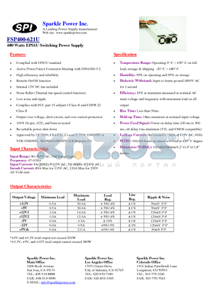 FSP400-621U datasheet - 400 Watts EPS1U Switching Power Supply