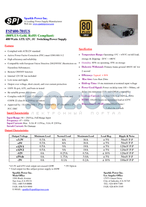 FSP400-701US datasheet - 400 Watts ATX 12V, 1U Switching Power Supply