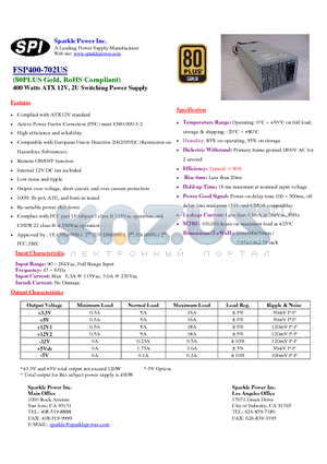 FSP400-702US datasheet - 400 Watts ATX 12V, 2U Switching Power Supply