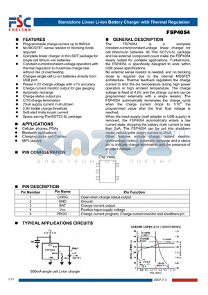 FSP4054 datasheet - Standalone Linear Li-ion Battery Charger with Thermal Regulation