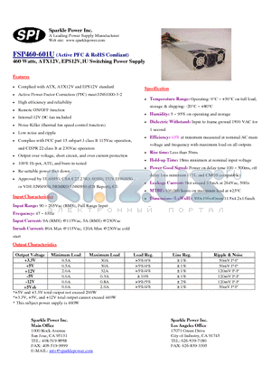FSP460-601U datasheet - 460 Watts, ATX12V, EPS12V,1U Switching Power Supply