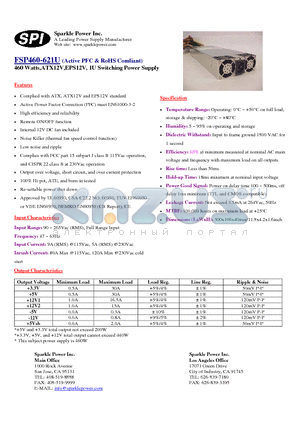 FSP460-621U datasheet - 460 Watts,ATX12V,EPS12V, 1U Switching Power Supply