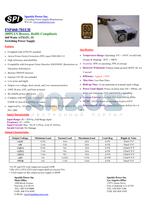 FSP460-701UH datasheet - 460 Watts ATX12V, 1U Switching Power Supply