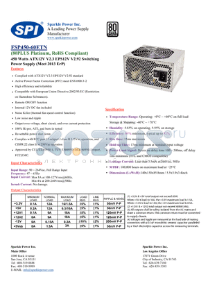 FSP450-60ETN datasheet - 450 Watts ATX12V V2.3 EPS12V V2.92 Swithcing Power Suuply