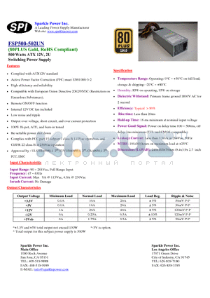 FSP500-502UN datasheet - 500 Watts ATX 12V, 2U Switching Power Supply