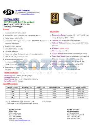 FSP500-502UP datasheet - 500 Watts ATX 12V, 2U, PM Bus Switching Power Supply