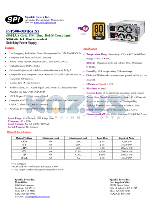 FSP500-60MRA datasheet - 500Watts 11 Mini Redundant Switching Power Supply