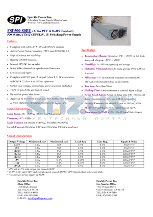 FSP500-80BU datasheet - 500 Watts,ATX12V,EPS12V, 1U Switching Power Supply