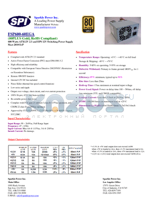 FSP600-60EGA datasheet - 600 Watts ATX12V 2.3 and EPS 12V Switching Power Supply