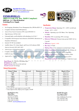 FSP600-80MRA datasheet - 600Watts 11 Mini Redundant Switching Power Supply