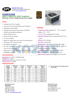 FSP600-92MPB datasheet - 60 Watts ATX12V, Medical Grade Power Supply