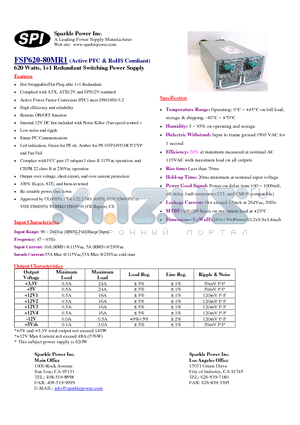 FSP620-80MR1 datasheet - 620 Watts, 11 Redundant Switching Power Supply
