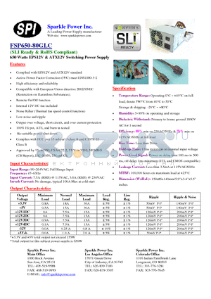 FSP650-80GLC datasheet - 650 Watts EPS12V & ATX12V Switching Power Supply