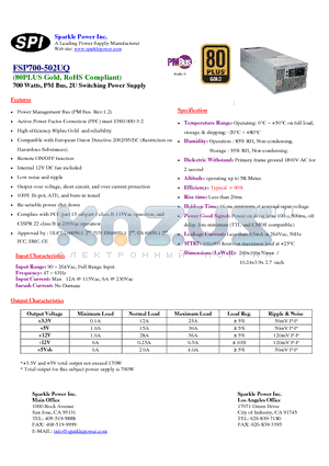 FSP700-502UQ datasheet - 700 Watts, PM Bus, 2U Switching Power Supply