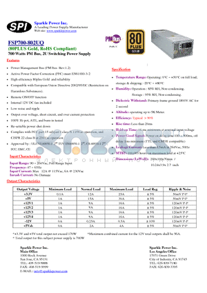 FSP700-802UQ datasheet - 700 Watts PM Bus, 2U Switching Power Supply