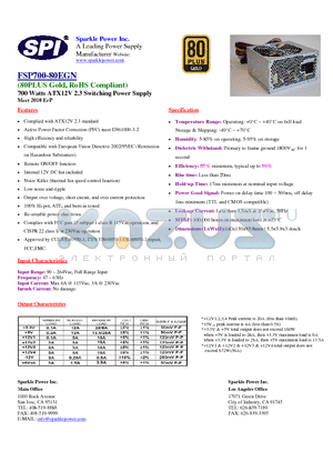 FSP700-80EGN datasheet - 700 Watts ATX12V 2.3 Switching Power Supply