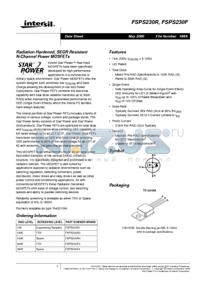 FSPS230D1 datasheet - Radiation Hardened, SEGR Resistant N-Channel Power MOSFETs