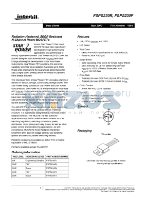 FSPS230F4 datasheet - Radiation Hardened, SEGR Resistant N-Channel Power MOSFETs