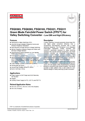 FSQ0165RL datasheet - Green Mode Fairchild Power Switch (FPS) for Valley Switching Converter