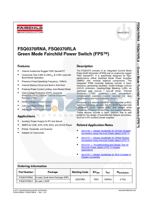 FSQ0370RLA_12 datasheet - Green Mode Fairchild Power Switch (FPS)