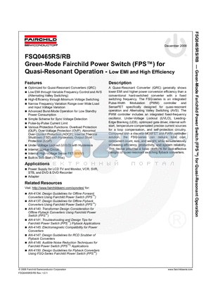 FSQ0465RB datasheet - Green-Mode Fairchild Power Switch (FPS) for Quasi-Resonant Operation - Low EMI and High Efficiency