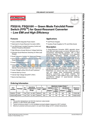 FSQ510 datasheet - Green Mode Fairchild Power Switch (FPS) for Quasi-Resonant Converter - Low EMI and High Efficiency