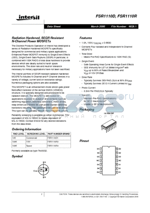 FSR1110D datasheet - Radiation Hardened, SEGR Resistant N-Channel Power MOSFETs