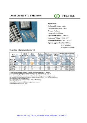 FSR420 datasheet - Axial Leaded PTC FSR Series