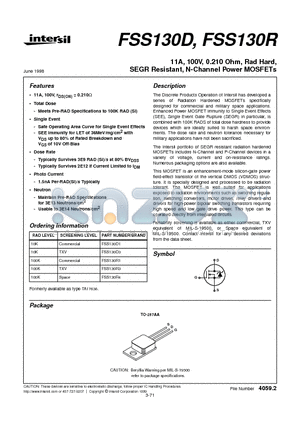 FSS130R4 datasheet - 11A, 100V, 0.210 Ohm, Rad Hard, SEGR Resistant, N-Channel Power MOSFETs