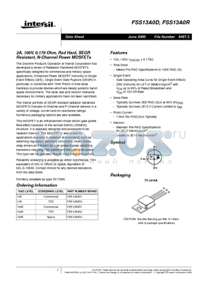 FSS13A0R4 datasheet - 2A, 100V, 0.170 Ohm, Rad Hard, SEGR Resistant, N-Channel Power MOSFETs