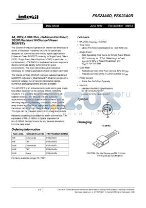 FSS23A0R1 datasheet - 9A, 200V, 0.330 Ohm, Radiation Hardened, SEGR Resistant N-Channel Power MOSFETs