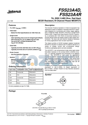 FSS23A4D datasheet - 7A, 250V, 0.460 Ohm, Rad Hard, SEGR Resistant, N-Channel Power MOSFETs