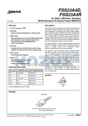 FSS23A4D1 datasheet - 7A, 250V, 0.460 Ohm, Rad Hard, SEGR Resistant, N-Channel Power MOSFETs