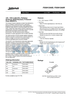 FSS913A0D1 datasheet - 10A, -100V, 0.280 Ohm, Radiation Hardened, SEGR Resistant, P-Channel Power MOSFETs