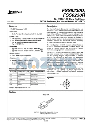 FSS9230R datasheet - 4A, -200V, 1.60 Ohm, Rad Hard, SEGR Resistant, P-Channel Power MOSFETs