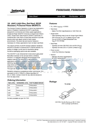 FSS923A0D datasheet - 7A, -200V, 0.650 Ohm, Rad Hard, SEGR Resistant, P-Channel Power MOSFETs