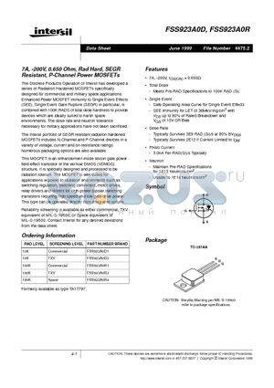 FSS923A0D1 datasheet - 7A, -200V, 0.650 Ohm, Rad Hard, SEGR Resistant, P-Channel Power MOSFETs