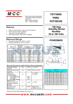 FST10020 datasheet - 100 Amp Rectifier 20 to 100 Volts Schottky Barrier