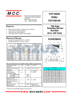 FST10080 datasheet - 100 Amp Rectifier 20 to 100 Volts Schottky Barrier