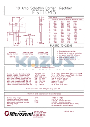 FST1045 datasheet - 10 AMP SCHOTTKY BARRIER RECTIFIER