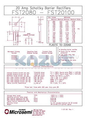 FST2080 datasheet - 20 AMP SCHOTTKY BARRIER RECTIFIERS