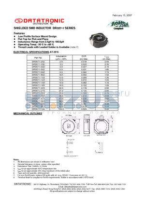 DR357-1-332 datasheet - SHIELDED SMD INDUCTOR