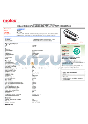 85003-1457 datasheet - 2.54mm (.100) Pitch DIN 41612 Header, Style C, Right Angle, Through Hole, 0.6lm (24l) Selective Gold (Au), First-Mate-Last-Break 6 Pins, 64 Circuits, Lead free