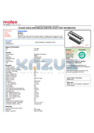 85003-3093 datasheet - 2.54mm (.100) Pitch DIN 41612 Header, Style C/2, Right Angle, Through Hole, 1lm (40l) Selective Gold (Au), 48 Circuits, First-Mate-Last-Break Pins Available, Lead free