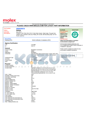 85003-9018 datasheet - 2.54mm (.100) Pitch DIN 41612 C Style Male Header, Right Angle, Through Hole, 0.60lm (24l) Selective Gold (Au) Plating, 96 Circuits, with Mounting Clips