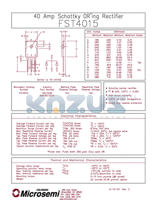 FST4015 datasheet - 40Amp Schottky ORING Rectifier